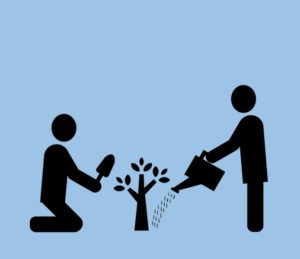 drawing of two people planting a tree