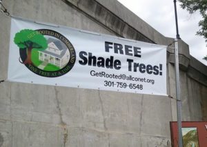 a picture of a banner saying "FREE Shade Trees!" with contact information
