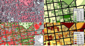 four maps of Lancaster, PA showing LIDAR, possible and existing tree canopy, and land cover