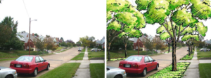 two pictures: one of a street and the other of the same street with drawings of where trees could be planted along it