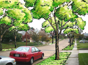 a picture of a street with drawings of where trees could be planted along the street