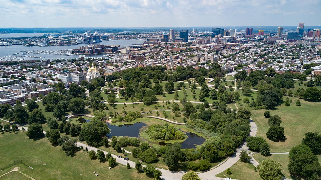 Aerial view of a large wooded park adjacent to a dense urban area