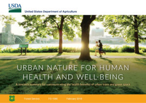 Report cover showing two people jogging in a park under large trees with title "Urban Nature for Human Health and Well-Being"