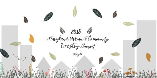 Graphic of falling leaves and mountains with words 2018 Maryland Urban and Community Forestry Summit