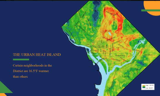 A map of urban heat island effect in the District of Columbia. The maximum temperature presented is 101.9 degrees Fahrenheit and the low is 86.4. Text on graphic: "Certain neighborhoods in the District are 16.5 degrees warmer than others."