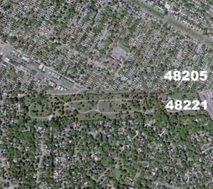 Aerial view of neighborhoods in Detroit